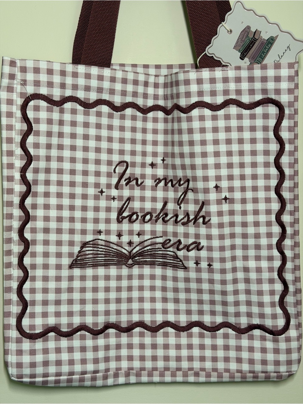“In My Bookish Era” Canvas Gingham Tote Bag Embroidered - Picture 2 of 4